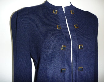 Vintage ST JOHN SWEATER S Small Cardigan Navy Blue Santana Knit Military Brass Buttons Designer Marie Gray