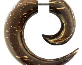 Tribal fake spiral coconut dark brown light strips of wood piercing stainless steel 1 mm earring (OHB-05)