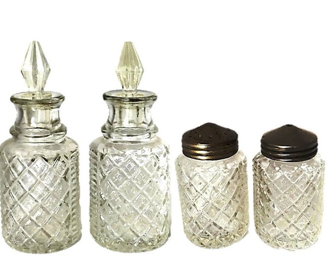 Vintage Cruet Set with 4 Cut Crystal Glass Bottles | Made in England by Eales of Sheffield | Silver Plated Holder