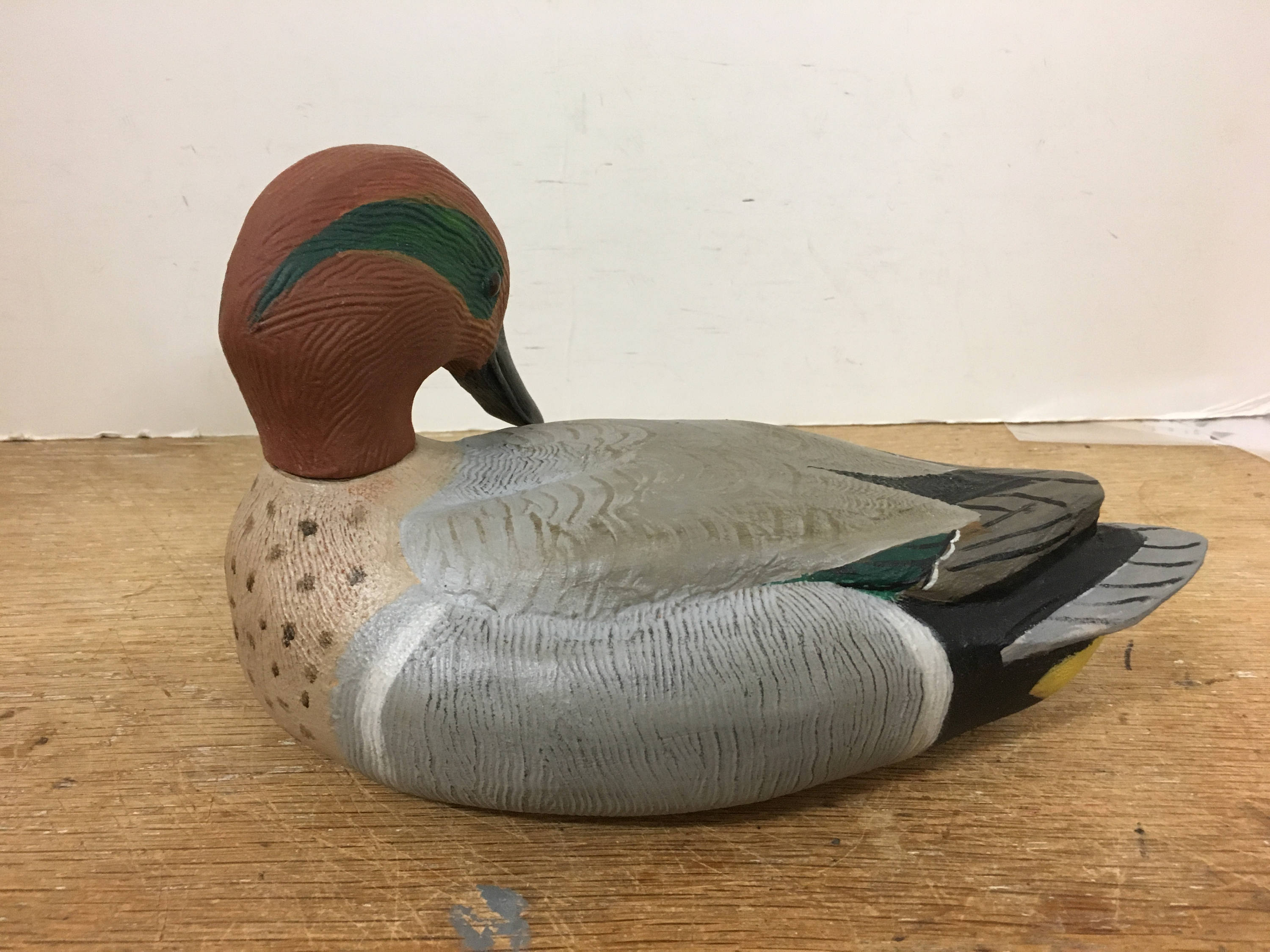 Hand Carved Wooden Drake Green Wing Teal Duck Decoy Dennis