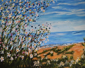 Fine Art, Ocean Beach, Canvas art, White Daisies, Wall Art, Beach House Art, colorful painting, 16x20