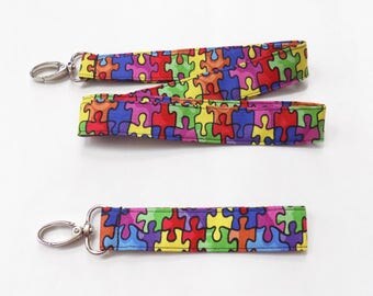 Autism Awareness Fabric Lanyard or Wristlet Puzzle Pieces Lanyard ID or Badge Holder Autism Fabric Keychain Puzzle Wristlet Puzzle Key Fob