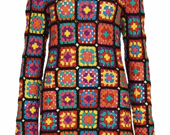 Crochet Dress,Crochet Granny Square Tunic,rainbow,Granny Square Crochet Dress,Boho,Gypsy Tunic,Afghan Dress,Handmade Crochet Vintage