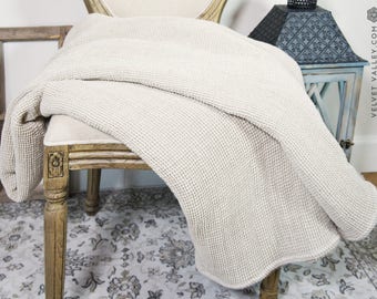 Natural linen blanket- waffle textured linen bed throw- Velvet Valley softened linen blanket-waffle textured linen throw