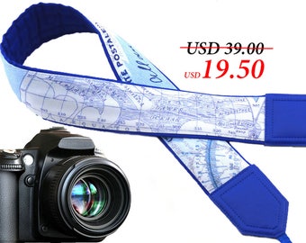 World Map Camera Strap. Royal Blue DSLR Camera Strap. Vintage Camera Strap. Map. Compass. Affordable vintage finds by InTePro