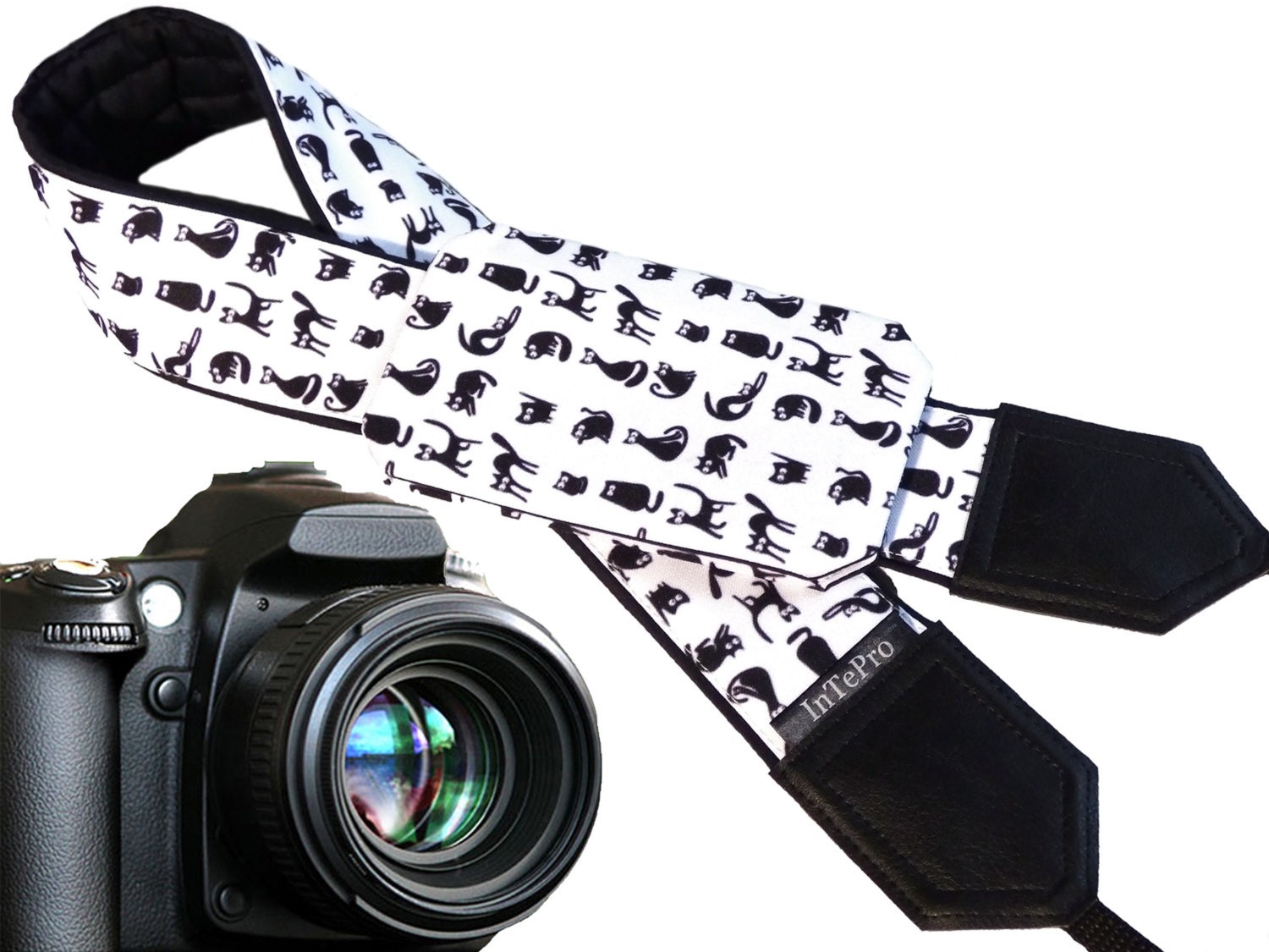 Cat camera strap with pocket. Black and white animals. Cute