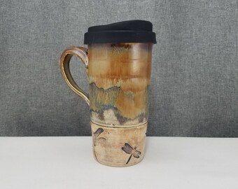 Made to Order(up to 3 weeks)** Pottery Travel mug / Commuter mug with silicone lid - Acorn/ Light Brushing - DragonFlies