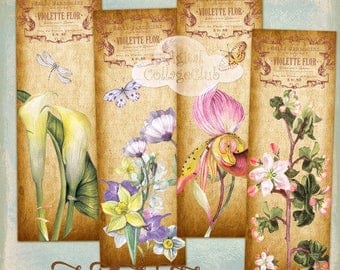 Vintage Botanical Flowers Bookmarks Images for Bookmark, Cardmaking, Journaling, Decoupage, Tags, Labels, Paper Craft, ATC