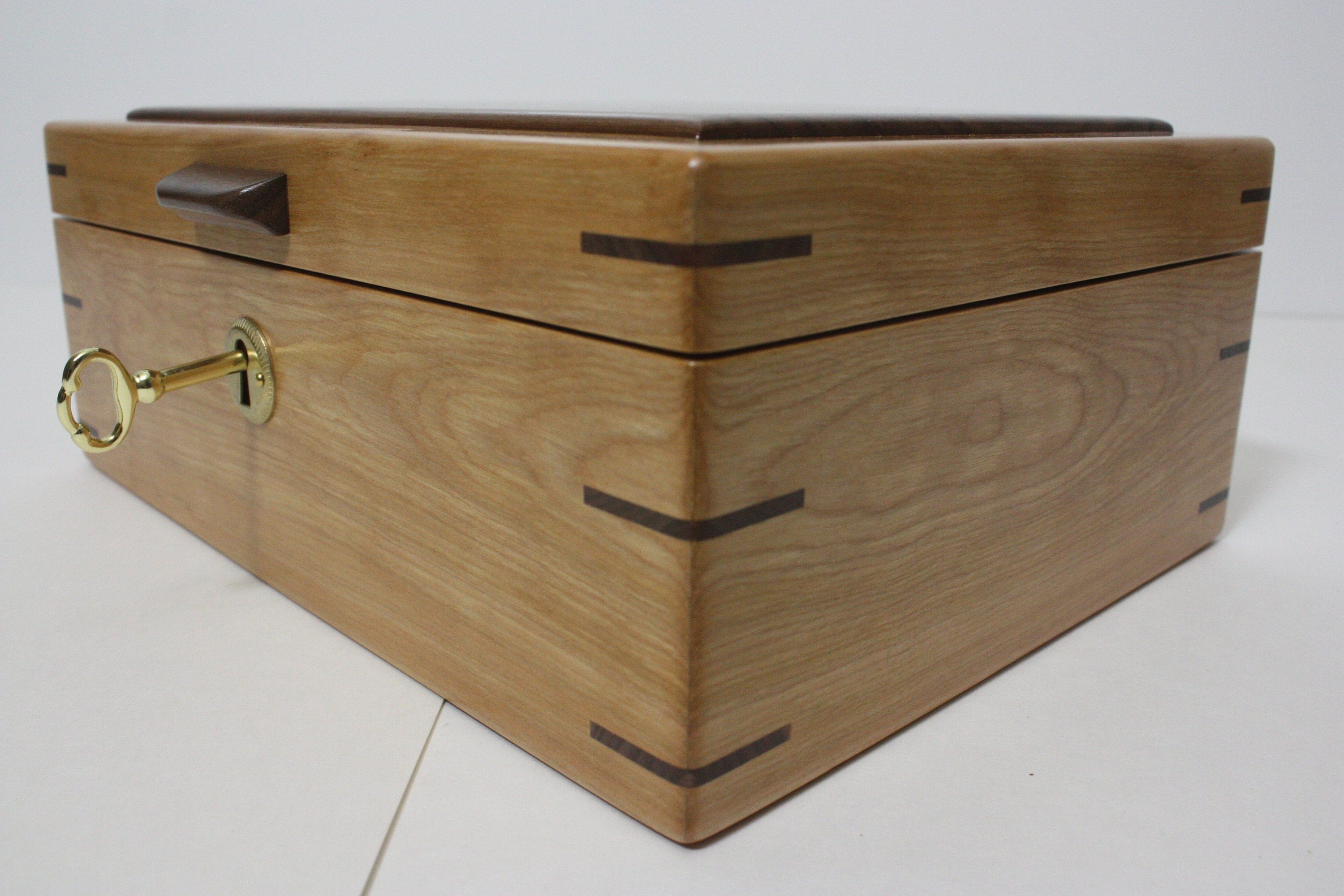 Locking Red Birch and Walnut Wood Box For Sale