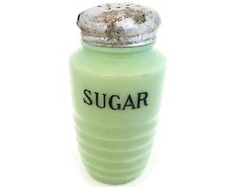 Vintage Jeannette Jadite Sugar Shaker - jadeite, mint green, milk glass, round, beehive, 8 oz, original lid, spice, collectible, authentic