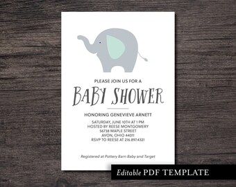Grey Elephant Baby Shower Invitation Template | Elephant Shower Invitation | Editable PDF Invite | Baby Shower Printable | Instant Download