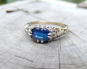 Antique Natural SAPPHIRE Cornflower Blue 1.00CT White Gold Ring Filigree 1920 Downton Abbey Edwardian Art Nouveau Deco