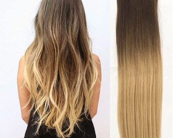 18" Full Head Clip in 70% Human Hair Extensions Straight Medium brown to light blonde