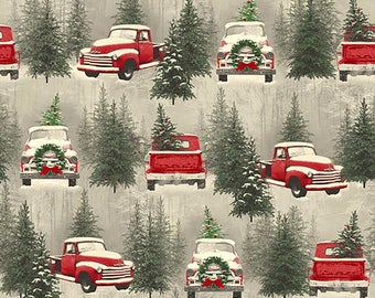 Red Truck Scenic Holiday Fabric Yardage. Holiday Traditions Henry Glass. Vintage Red Truck Fabric. Christmas Truck Fabric. Christmas Fabric.