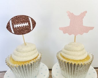 Tutus or touchdowns Glitter Cupcake Toppers/ Gender Reveal Cupcake toppers/ Tutus or touchdowns gender reveal party/ set of 12