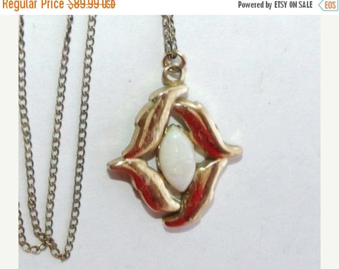 Storewide 25% Off SALE Beautiful Vintage 14k Gold Opal Pendant Necklace Featuring Lovely Red Swirling Coral Surrounding a White Opal