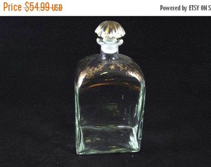 Storewide 25% Off SALE Vintage Clear Glass Liquor Decanter with Original Glass Stopper Featuring Beautiful Gold Painted Accent Detail