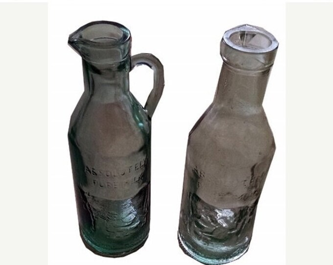 Storewide 25% Off SALE Antique Set Of Two Slightly Blue Tinted Art Glass Dairy Milk Jugs Featuring 'Absolutely Pure Milk' Embossed Labeling