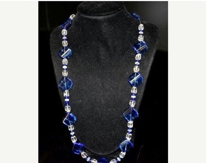 Storewide 25% Off SALE Vintage Cobalt Blue and Classical White Czech Crystal Glass Necklace Featuring Silver Tone Setting and Beautiful Mode