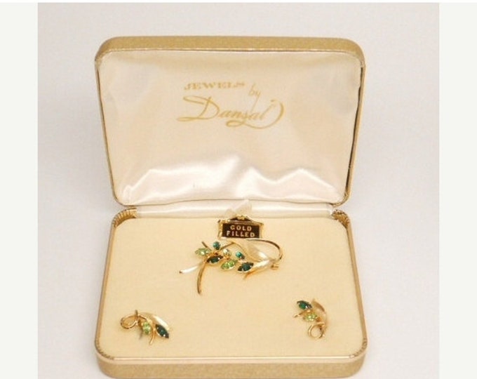Storewide 25% Off SALE JEWELS By DANSAL' Vintage 12k Gold Filled Green Rhinestone Leaf Brooch and Earring Set
