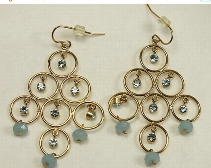 Storewide 25% Off SALE Beautiful & Exotic goldtone openwork chandelier style earrings with light blue rhinestones and beads.
