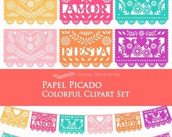 6 Colors Papel Picado / Fiesta Bunting / Colorful FIESTA Papel Picado Clip Art Set - Instant Download