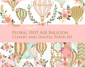 20% off Floral Hot Air Balloon / Gold Hot Air Balloon Clip Art + Digital Paper Set - Instant Download