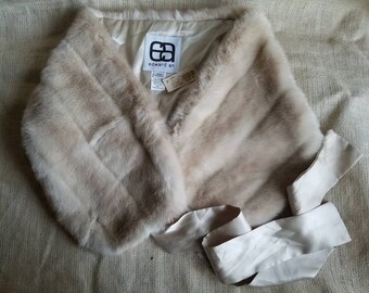 Vintage New w/ tags Faux Fur Stole Mad Men Shoulder Wrap Shawl Ribbon Tie Light Brown mottled fox mink vegan Satin lined Edward An deadstock