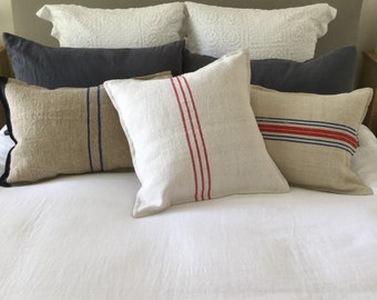 VINTAGE French Grain Sack Cushion with Red Stripes