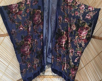 Kimono jacket,velvet fringe jacket,burnout jacket,plus size,wearable art,festival kimono,floral kimono,shawl jacket,devore kimono