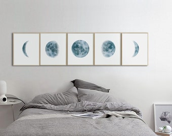 Moon Phases Prints, Set of 5 watercolor Lunar Phases Moon art Print, Watercolor Prints Home Decor