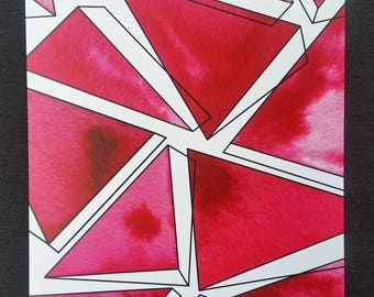 Geometric Watercolor Print - Red and Print Toppling Triangles