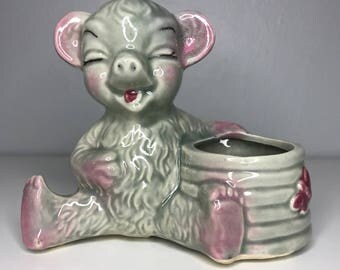 vintage gray and pink ceramic bear planter