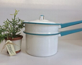 Vintage Teal Enamel Double Boiler...White. Teal. Lid. Kitchen. Retro. Kitschy.