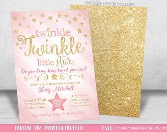 Twinkle Twinkle Little Star Baby Shower Invitation, Twinkle Twinkle Shower Invitation, Pink and Gold Star Invite, Girl Baby Shower • BS-T-01