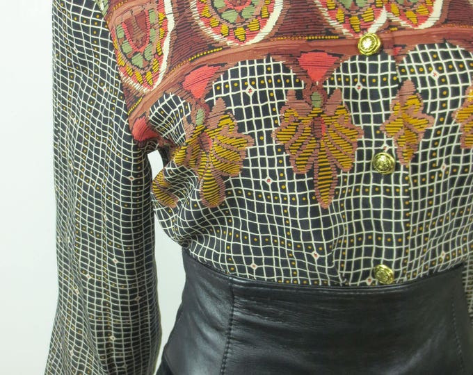 80s the Spy Who Loved Me Abstract Impressionist block printed checkered Parisian chic polka dot blouse