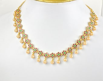 Gold plated cubic zirconia Indian necklace set with ruby and emerald stones and faux pearls| Indian Jewelry set perfect for Indian weddings