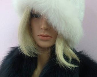 New!Natural,Real WHITE fullskin Rabbit Fur HAT with fox stripe!!!