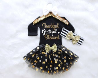 Thankful Grateful Blessed Baby Girl Outfit. Thanksgiving Baby Outfit. Thanksgiving Girls Outfit. Baby Girl First Thanksgiving.