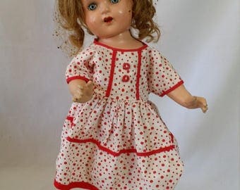 Composition Doll 20 Inch 1930s ~ Beautiful Clear Blue Eyes ~ Shirley Temple Dress ~ Beaded Hair Net