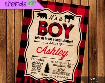 Lumberjack Baby Shower Invitation, Buffalo Plaid Printable Party Invite, 5x7 or 4x6 Invite, Rustic Baby Shower Invite