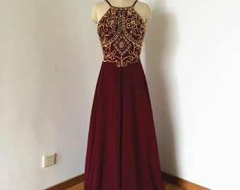 Gold Lace Appliqued Long Chiffon Dresses Cabernet