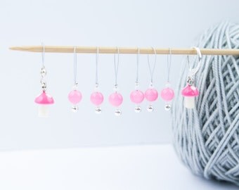 8 Pink Mushrooms Markers - 6+1 stitch markers - 1 progress marker - Ready to ship