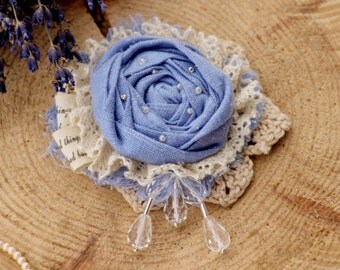 Boho Natural Linen Brooch fabric textile beige blue eco friendly brooch flower women pin brooch summer rose brooch bouquet boho chic jewelry