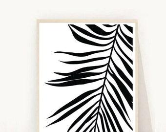 Palm feuille Print, impression de feuilles tropicales, Digital Art, palmier impression d’Art, Art minimaliste, noir et blanc, numérique en téléchargement, impression de mur moderne