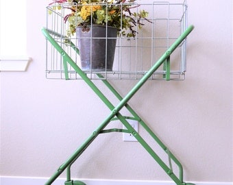 Vintage Laundry Cart | Rolling Cart | Garden Decor | Green Stand and Metal Basket | Metal Storage Basket | Storage Solutions | Bathroom