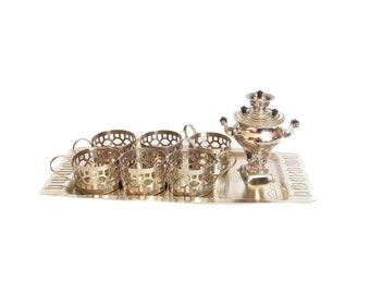 Vintage tea set, Set of Six Glass Holders, tray, set Glass Holders and samovar on tray, Vintage tea set, Set of Six Glass Holders, samovar