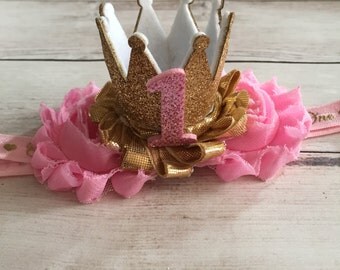 Pink and Gold First Birthday Headband, 1st Birthday Headband, Girls First Birthday Outfit, Smash cake outfit, Gold Crown Headband