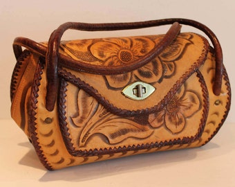 Vintage Tooled Leather Handbag - Tooled Leather Purse - Floral Decal Leather Bag