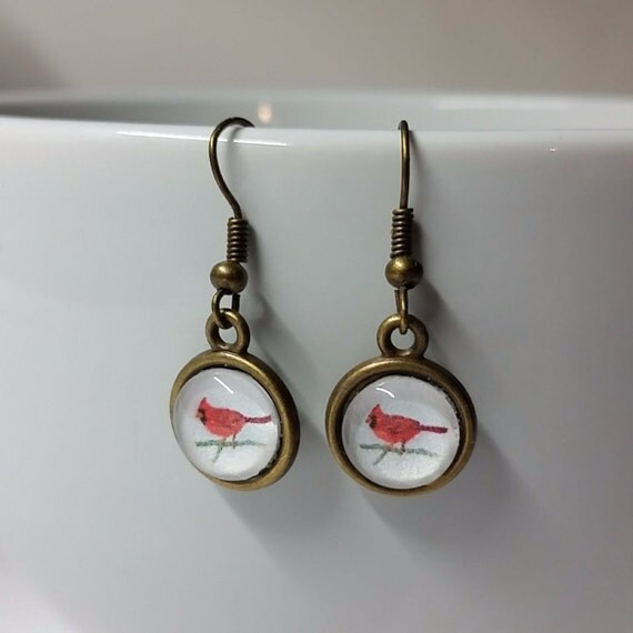 Cardinal Dangle Earrings Red Cardinal Bird Bronze Earrings
